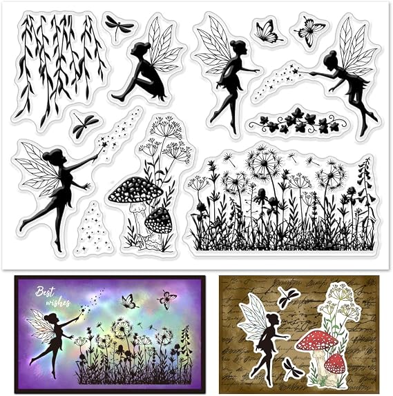 INFUNLY Fairy Clear Stamps for Card Making Flower Elves Silicone Stamps Plant Angel Rubber Stamp Wildflowers Butterfly Transparent Stamp for DIY Scrapbooking Photo Album Journal Crafting