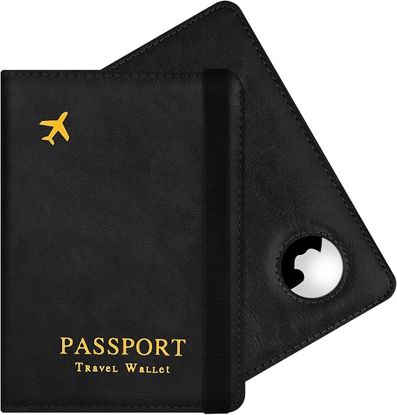 Airtag Wallet Passport Holder Cover, PU Leather Passport Cover with RFID Blocking Travel Wallet, Portable Universal Travel Wallets Case Organiser for Money, Boarding Passes, Credit Cards Black