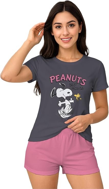 The Peanuts Snoopy Pyjamas for Women - Best Friends Pyjama Set Short Sleeve Top with Shorts Grey/Pink