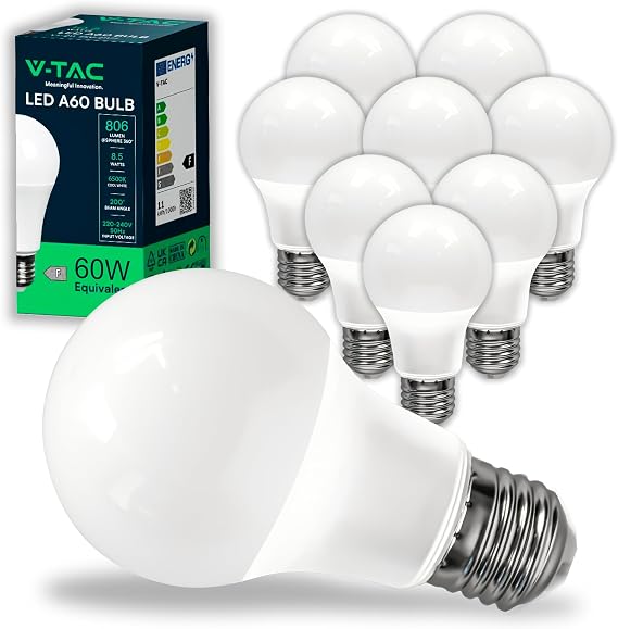 V-TAC 10 x E27 LED bulbs, Edison - A60-8.5W (equivalent to 60W) - 806 Lumen - 6500K Cool White - Beam Opening 200° - Maximum Efficiency and Low Consumption