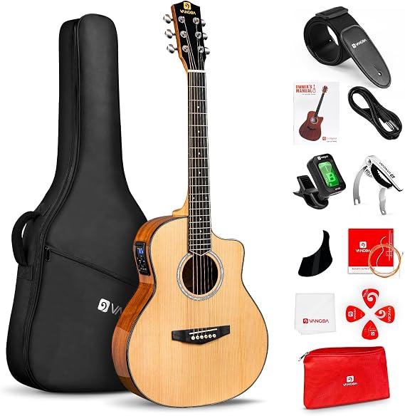 Vangoa 3/4 Electric Acoustic Guitar Spruce Top Kit for Beginner, 4-Band EQ