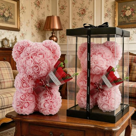 Rose Bear With Gift Box,Pink Rose Teddy Bear,Artificial Rose Flower Bear, for Moms,Valentines Day Gift for Her Birthday Gift for Girls,Ladies