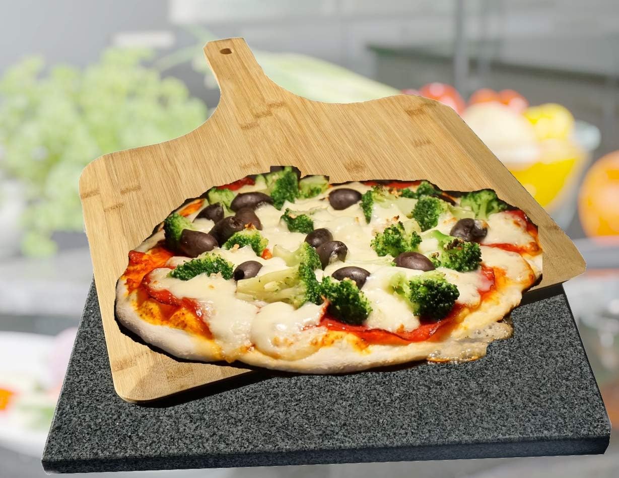 XXL Granite Pizza – Pizza Stone Set with Bamboo Pizza Peel  2 kg Pizza Flour