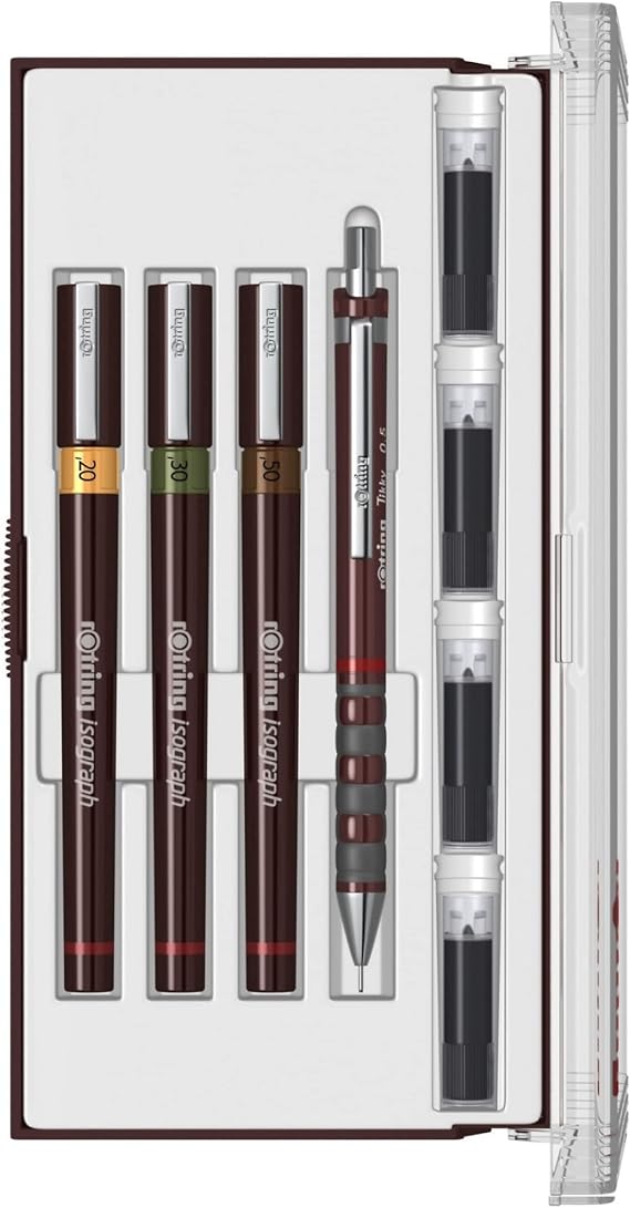 Rotring Isograph Junior Set 3x Technical Pens (0.20mm 0.30mm 0.50mm) + Accessories