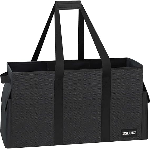 Foldable Shopping Basket 48 L - Sturdy Shopping Bag Large with Reinforced Base - Basket Shopping Large Picnic Basket Carry Basket with Handle - Ideal for Shopping Picnic Beach (Black)