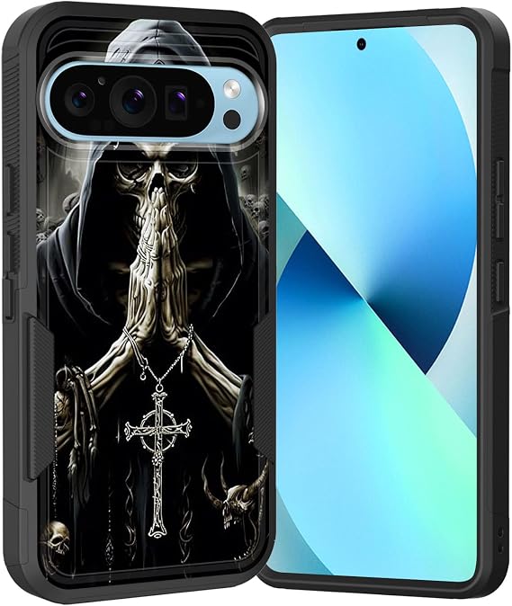 Pixel 9 Pro XL Pro用ケース、デュアルレイヤーハイブリッドヘビーデューティー頑丈耐衝撃ハードPC +ソフトシリコン保護ケース Google Pixel 9 Pro XL 2024用、祈りのスケルトンクロス