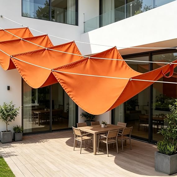 Retractable Wave Sun Shade Sail 360 x 370 cm 95% UV Protection & Tear-Resistant Retractable Wave Sail Shade with Rope for Outdoor Garden Balcony Gazebo Pool, Orange