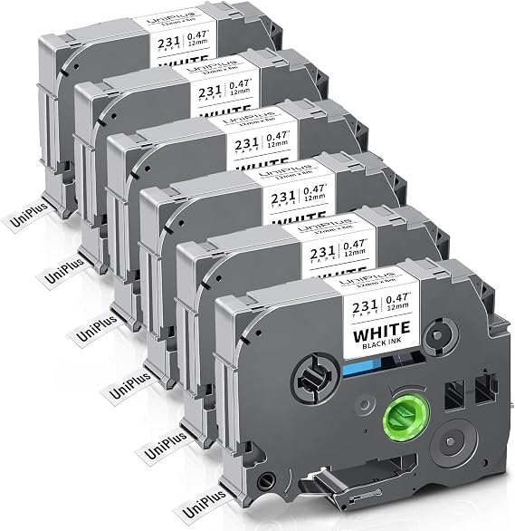 UniPlus 6X Compatible Brother Tze Label Tape Replacement for Ptouch TZe-231 TZe231 Tzc231 TZe TZ 12mm Laminated Black on White Label Maker Tape Cassette for PT-H105 H107 H100R H110 1000 1005 1010