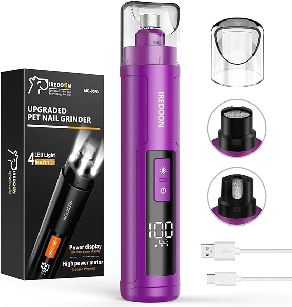 IREDOON Dog Nail Grinder with 4 LED Lights, 3 Speeds Super Quiet for Pets | Low Vibration,Electric Pet Nail Grinder, Professional Painless Paw Grooming & Smoothing for Small to Large Dogs Cats(Purple)