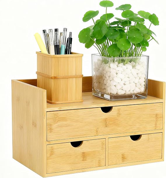 Desk Organizer with Drawers - Bamboo Desktop Organizer for Office Home Makeup Vanity Shelf, Stackable Storage Drawers Box for Desk Organization, No Assembly Required