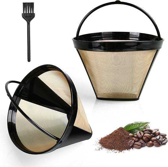 AOMIG Gold Tone Coffee Filter for Ninja, 2 Pcs Reusable #4 Style Cone Coffee Filters Basket, Replacement Permanent Basket Filter for Ninja CFP Series Coffee Machines