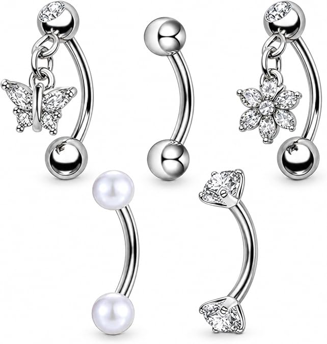 5 Pcs Silver Belly Bars, Belly Button Bars for Eyebrow, Lip & Navel