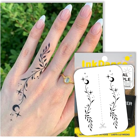 Semi-Permanent Tattoo, Celestial Floral Vine, Long Lasting Temporary Tattoos, Waterproof Plant-Based Ink, Lasts 1-2 Weeks, Color Develops in 24 Hours X258, Set of 2