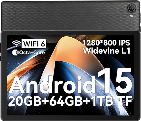 Gleeso Tablet 10 inch Android 15 Octa-Core Processor, 20GB+64GB/1TB TF, Face ID丨OTG, IPS丨1280*800丨WiFi 6丨BT5.3丨Tab PC with Dual Camera 5MP+8MP, 5000mAh, Support Split-Screen, Widevine L1(Black)