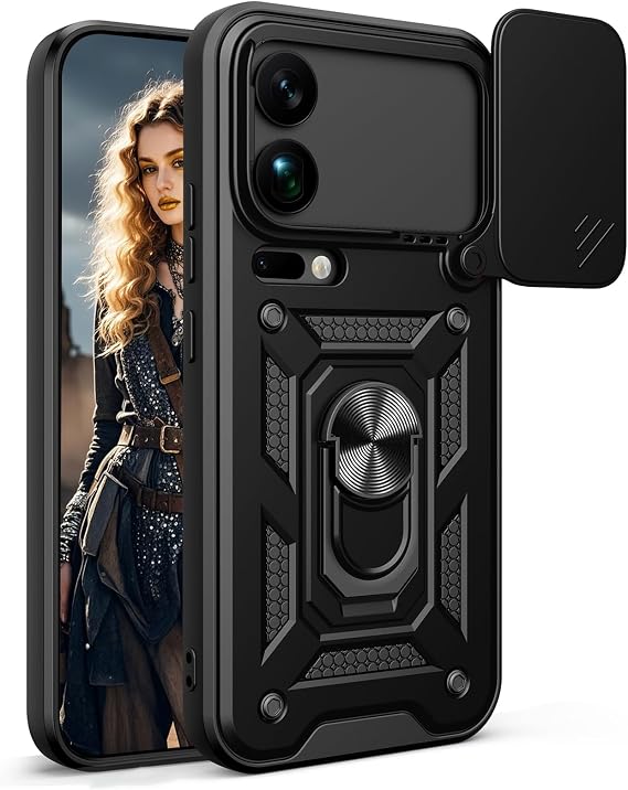 Xiaomi 17 Pro アーマーケース リングキックスタンド&スライドカメラレンズカバー付き、ミリタリーグレードの頑丈な耐衝撃保護カバー Xiaomi 17 Pro SJ用 ブラック