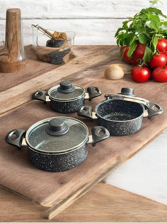Granit Tencere Seti Cam Kapaklı, Siyah Mermer Desenli 3 Parça Saklama Kabı ve Pişirme Tenceresi