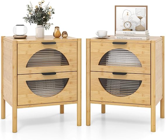 COSTWAY Bedside Table, Bamboo Nightstand Sofa Side Table with 2 Storage Drawers and Tempered Glass Fronts, Accent Bedside Cabinet Tea End Table for Living Room Bedroom, 45x40x56cm, Natural (2)