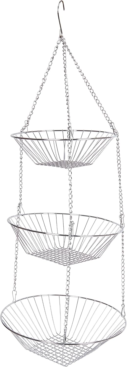 KitchenCraft Hanging Vegetable Rack, Metal, Set of 3 Kitchen Storage Baskets with Chain and Hook, Silver, 8cm x 25cm
