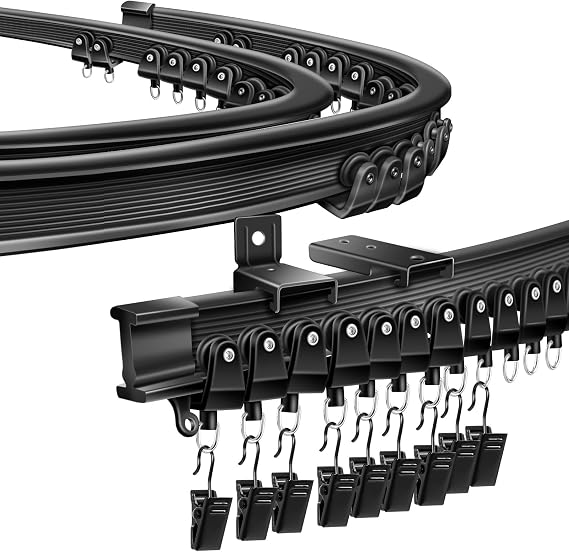 Flexible Bendable Ceiling Track Curtain Rail, Black Curtain Tracks and Fittings for Bay Window, 2.5M/8FT Ceiling Wall Mounted Single Curtains Rail Track for RV Shower Curtain Room Divider System