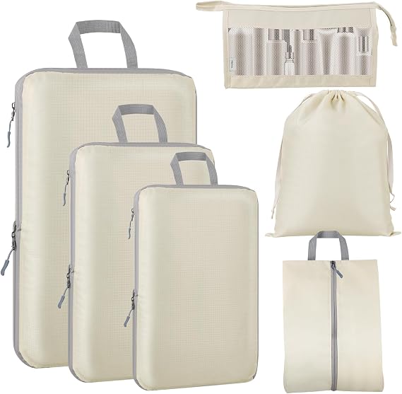 Compression Packing Cubes - GEEDIAR 6 PCS Packing Cubes for Suitcases, Extensible Suitcase Organiser Bags Travel Luggage Organiser Set for Suitcase Backpack Travel Essentials or Home Storage (Beige)