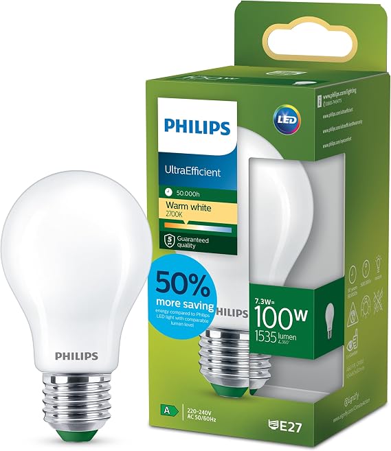 PHILIPS Ultra Efficient Matte LED Bulb, E27 Base, 7.3 W – 1535 Lumens, Warm White Light (2700 K)