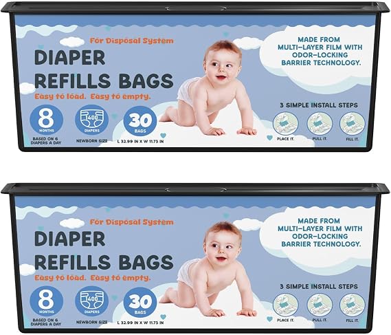 Diaper Pail Refills Bags with 30 Bags Compatible with Genie Easy Roll Signature Diaper Pails and Platinum Diaper Pails, Lasts Up to 8 Months, 7-Layer Odor-Barrier Technology, 2 Packs (60 Bags)