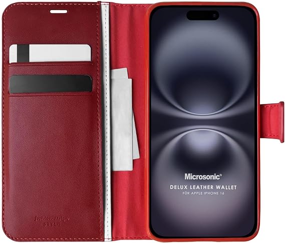 Microsonic Apple iPhone 16 Kılıf Delux Leather Wallet Kırmızı [iPhone 16 ile Uyumlu Kılıf - Kırmızı]