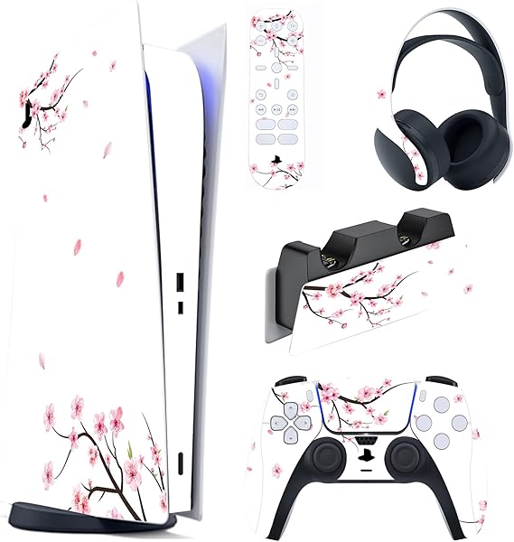 Custom Sticker for PlayVital PS5 Console Digital Edition, PS5 Sticker Vinyl Decal Cover for PS5 Controller & Charging Station Headset & Media Remote Scattered Cherry Blossoms