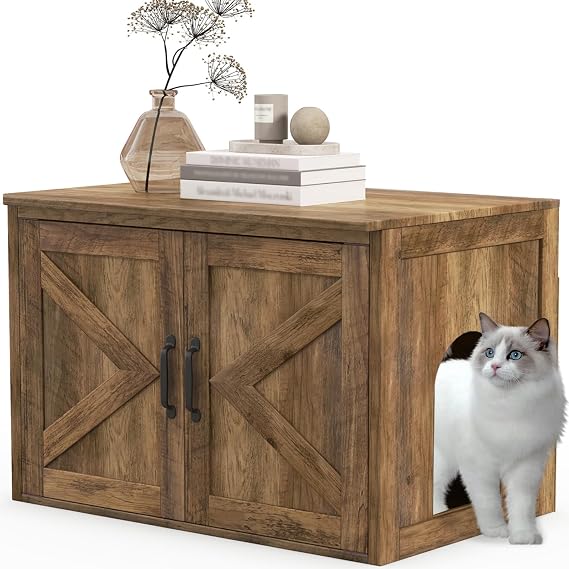 Maxmass Cat Litter Box Enclosure, Hidden Cat Washroom Furniture with 2 Doors & Entrance Hole, Wooden Kitty House for Indoor Cats