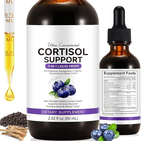 Cortisol Supplements Cortisol Support for Women & Men,Cortisol Wellness Drops for Relaxation Stress, Focus Support, Hormone Balance with Magnesium Glycinate, Ashwagandha, L-Theanine, 2 Fl (60ml)