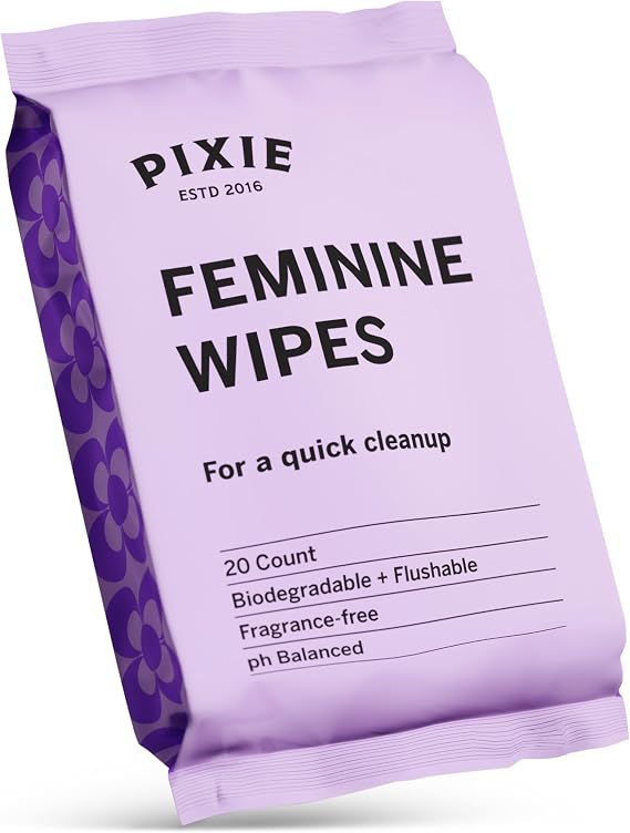 Pixie Feminine Wipes - On The Go Public Bathroom Wipes for Feminine Care - Safe On Period Cups & Menstrual Discs - Biodegradable, Flushable, pH Balanced & Unscented Menstrual Cup Wipes (20 Count)