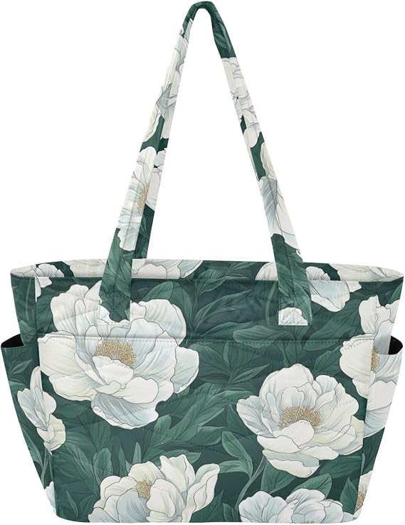 White Vintage Flower Utility Tote Bag Zipper Beach Bag for Travel & Beach Weekend Getaway with Tumbler Holder Pocket Bolsa para gimnasio