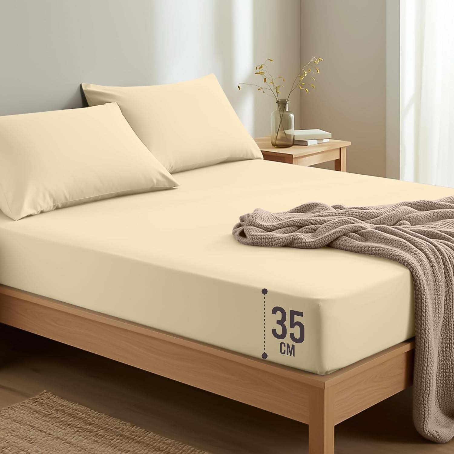 Utopia Bedding Double Fitted Sheet with 2 Pillow Cases 50x75cm, Beige - Deep Pocket 35 cm - Bed Sheets Set - OEKO-TEX Certified - Soft Brushed Microfibre