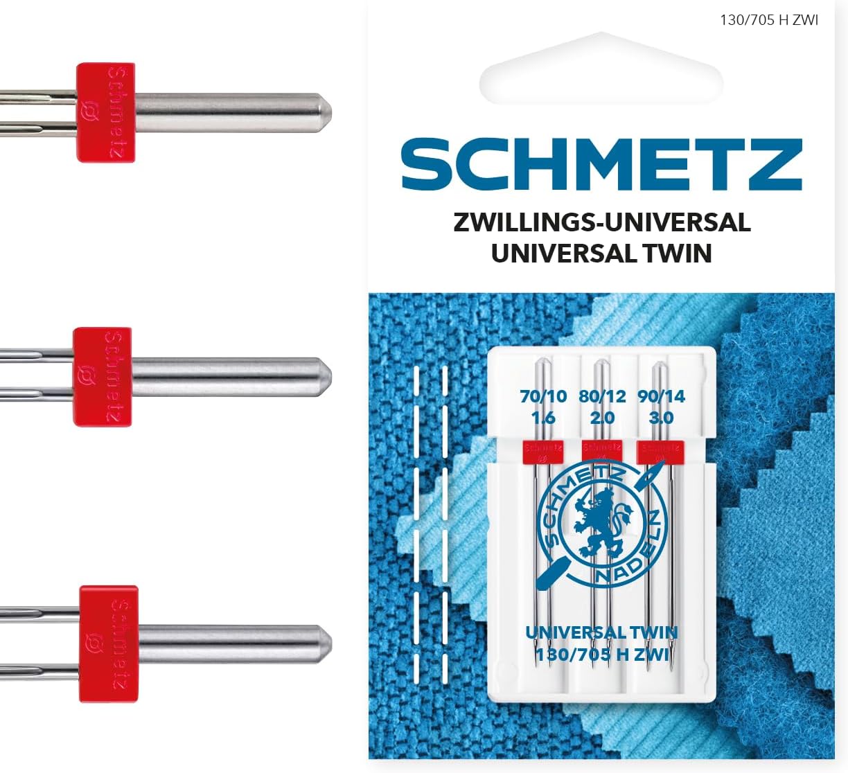 SCHMETZ | 3 Sewing Machine Needle | Universal Twin | 130/705 H ZWI SORT. THS | Size 1.6/70, 2.0/80 und 3.0/90