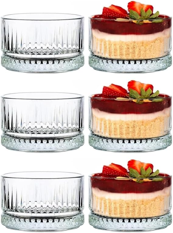 6'lı Kristal Desenli Cam Kase Seti - Şeffaf, Tatlı ve Meze Sunumu İçin, Bulaşık Makinesinde Yıkanabilir, Modern Tasarım