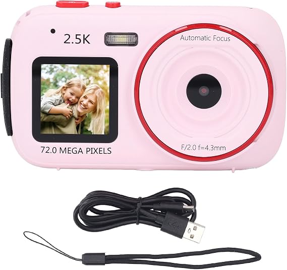 72MP Digital Camera, 2.5K Compact Vlogging Camera, Dual Screen Selfie Camera, 16X Digital Zoom, Autofocus, Image Stabilization, Small Camera for Teen Adults Pink