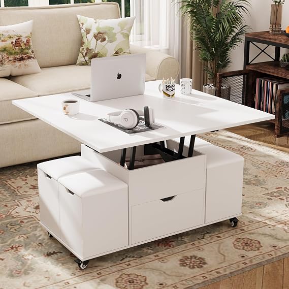 VOWNER Lift Top Coffee Table 3-in-1 Convertible with Drawer 4 Stools
