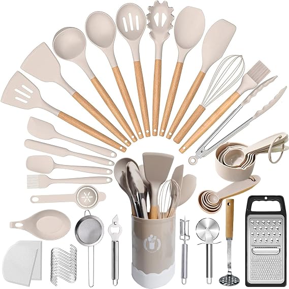 Silicone Kitchen Utensils Set, 46pcs Cooking Utensil Set, Silicone Spatula Set with Holder for Cooking Nonstick Heat Resistant Kitchen Gadgets, Khaki [Energy Class A]