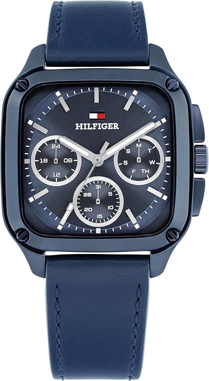 Tommy Hilfiger Men's Multifunction Quartz Watch – 37x39mm Tank Case, Calfskin Strap, Sport-Inspired Design - Gift for Him