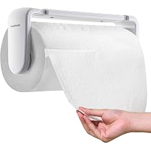 simpletome Paper Towel Holder Under Cabinet or Wall Mount ONE HAND Operation Tension Arm Kitchen Roll Holder (White, for 24-28cm/9.4-11inches roll)