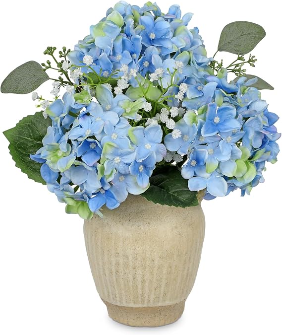 Briful 33CM Blue Hydrangea Artificial Flowers in Vase - Silk Hydrangea Realistic Gypsophila Fake Flowers with Rustic Ceramic Vase - 12.9" Faux Flowers for Centerpieces Table Home Decor