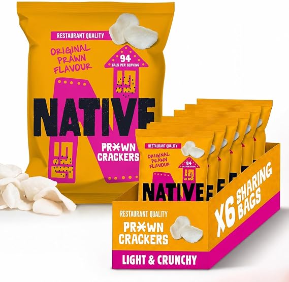 Native Snacks Original Flavour Prawn Crackers, 6 x 60g Bags - Light & Crunchy - Low Calorie & Low Fat Crisps Alternative - Vegan Multipack - Ideal for Dipping & Sharing - UK Made Snacks