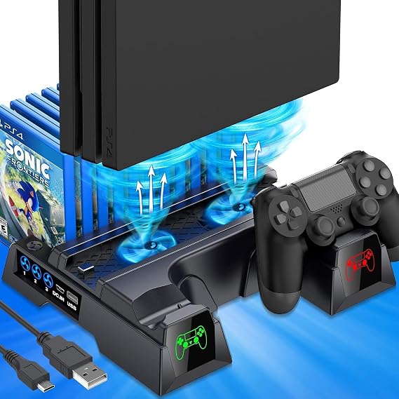Cosmostech CS4-151 PS4 Soğutucu Dikey Stand ve Çift Kol Şarj İstasyonu – PS4 Slim Pro Uyumlu 3 Fanlı 12 Oyun Yuvalı