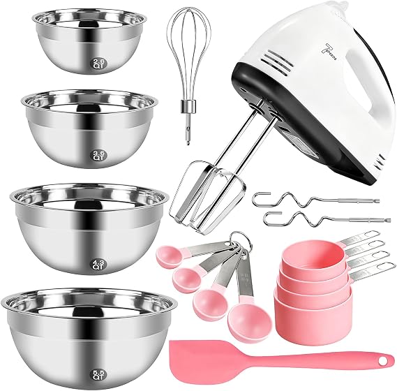 7-Speed Hand Mixer Set, 300W Handheld Electric Whisk, 5 Stainless Steel Attachments, 4 Mixing Bowls, Measuring Tools & Silicone Spatula, Multifunctional Kitchen Mixer for Baking Dough Cream Cooking