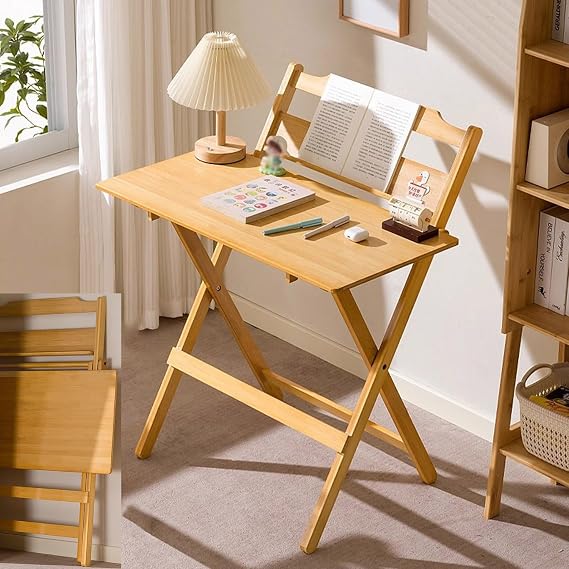 Small Computer Desk Folding Table, Bamboo Foldable Office Desk, No Assembly, Portable Mini Desk or Study Table with Compact Design, Perfect for Small Spaces in Home Office (Wood color-77cm)