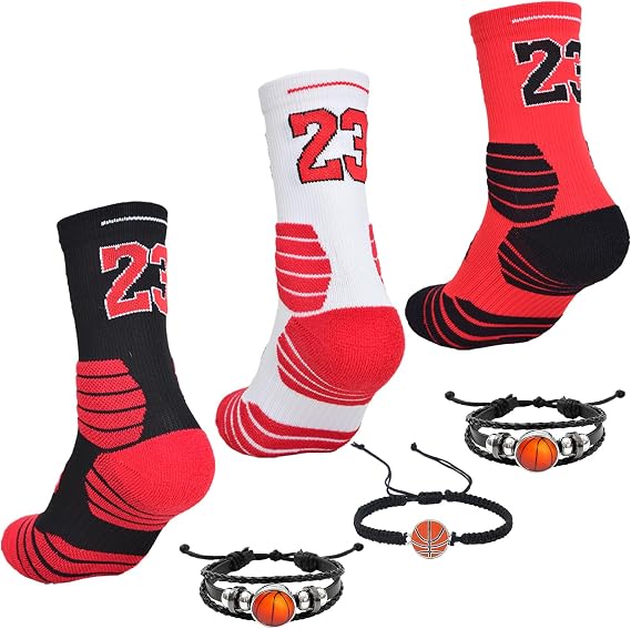 Popuid 3 Pairs Elite Basketball Crew Socks, 23 Mens Athletic Sock with Shoelace Bracelets, League Team Sports-Star-Fans Gift