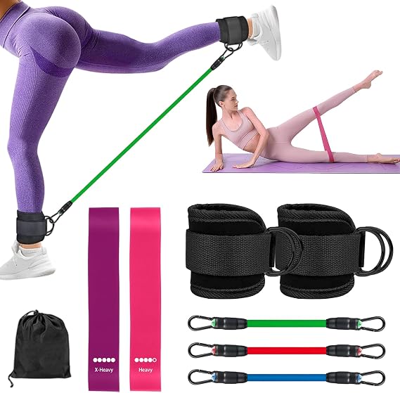 Ankle Resistance Bands with Cuffs, Ankle Straps Resistance Bands with 2 Glute Bands for Kickbacks Hip Gluteus Training for Women