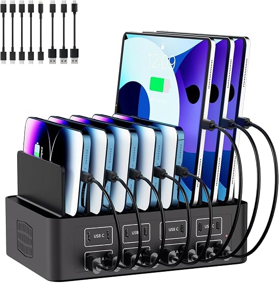 150W 16-Ports USB Charging Station for Multiple Device with 8 Cables