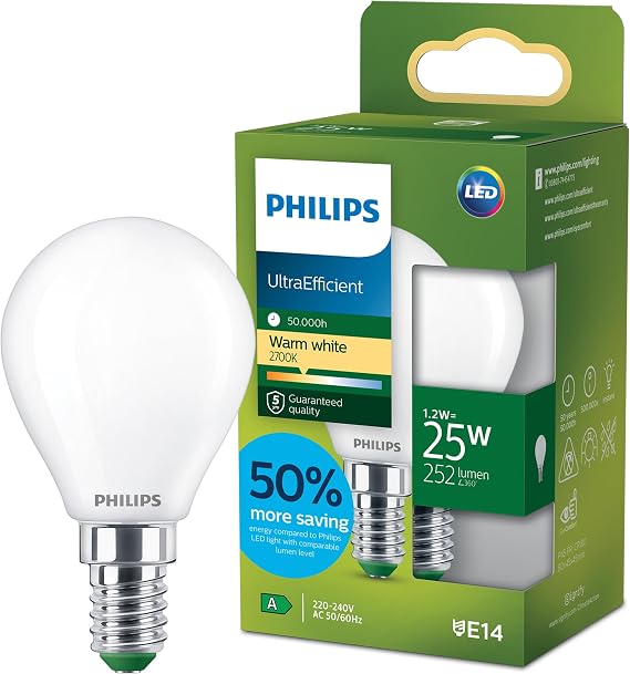 Philips LED UltraEfficient Frosted P45 Bulb, E14 Small Edison Screw, Energy Class A, 252 lm, 25W Equivalent, Warm White (2700K), EyeComfort, 50,000 Hours, 1 Pack [Energy Class A]