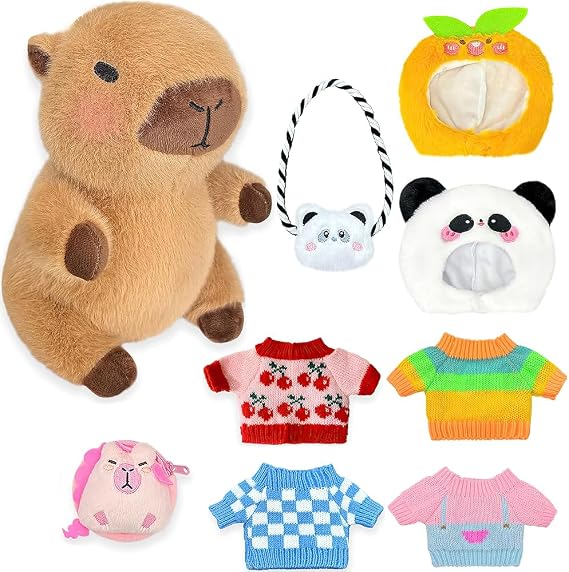 Capybara Plush with 9PCS Clothes&Accessories, 25cm Capybara Stuffed Animal, Cute CapybaraTeddy, Capybaras Plush Soft Toy, Dress Up Capybaras Stuffed Animal PlushToys Gift for Kids Boy Girl (B)